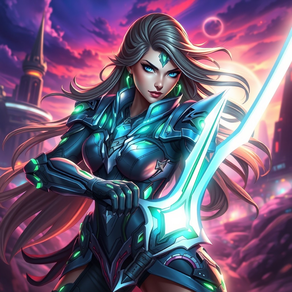 A dynamic and captivating portrait of Eve from Stellar Blade, depicted in an action-packed pose showcasing her sleek, futuristic armor
