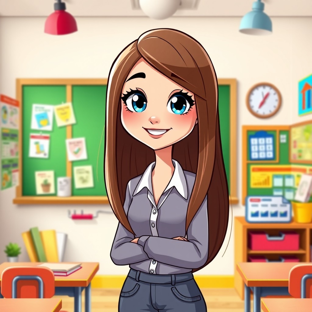 A vibrant HD cartoon illustration of a cute, tall, thin female teacher with straight long brown hair and bright blue eyes