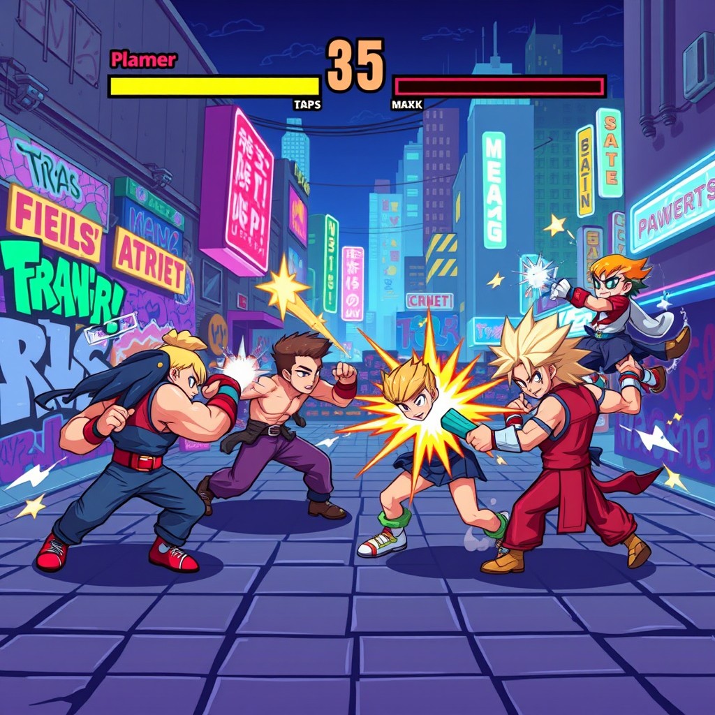 A vibrant, dynamic illustration of a sprite fighting game concept, featuring colorful pixelated characters engaged in an intense battle within a classic arcade-style environment
