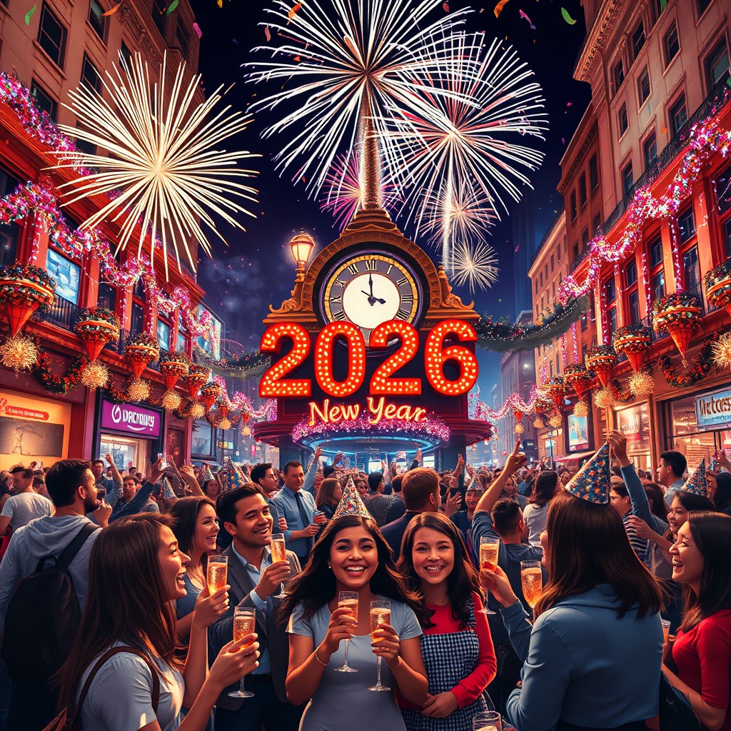 A vibrant and festive New Year's celebration scene for the year 2026, capturing the essence of joy and excitement