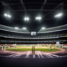 An image of a modern cricket match taking place in a grand stadium, showcasing advanced technology like LED stumps, virtual reality for umpires, and players in modern sports gear.