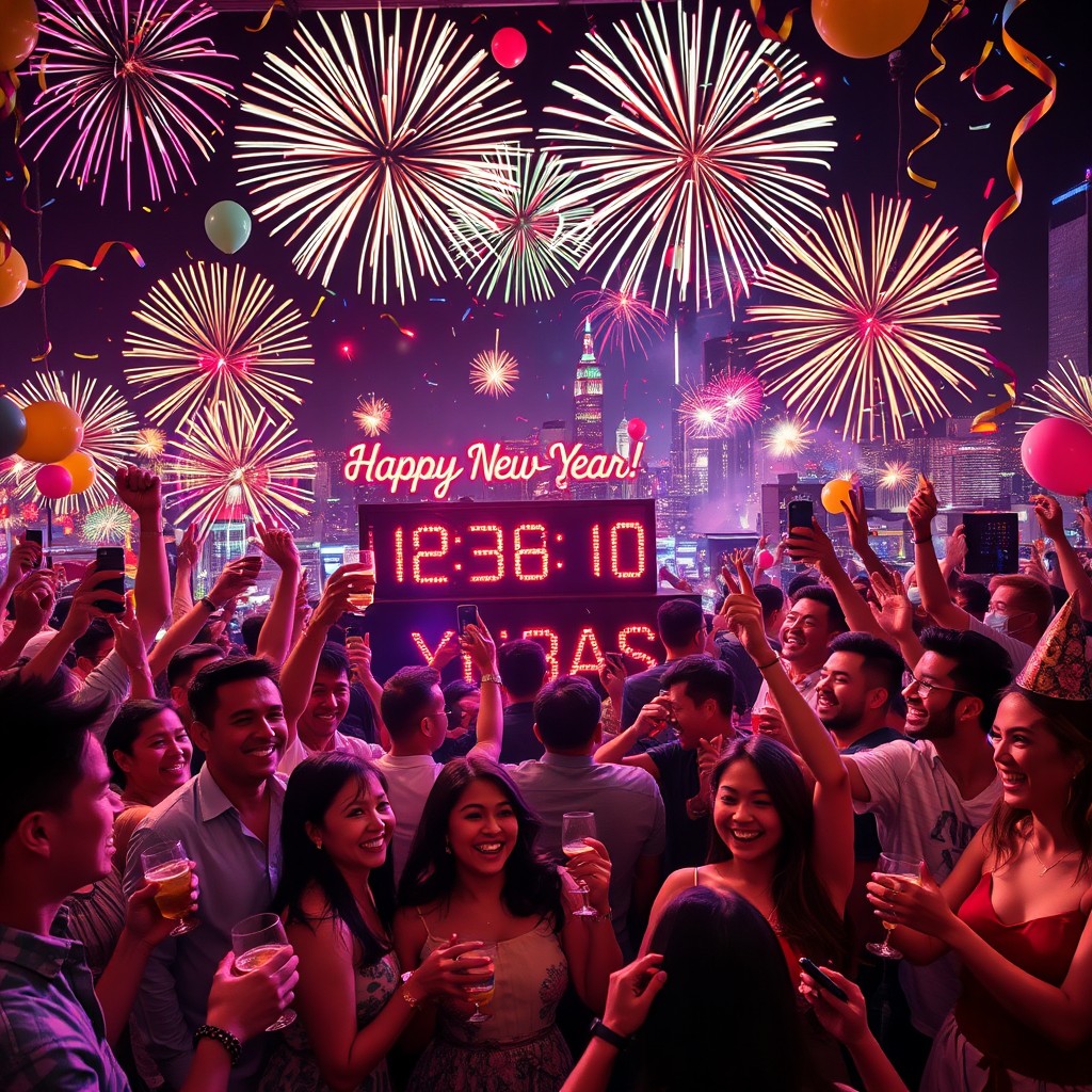A vibrant and festive New Year's celebration scene, filled with colorful fireworks bursting in the night sky over a bustling city skyline