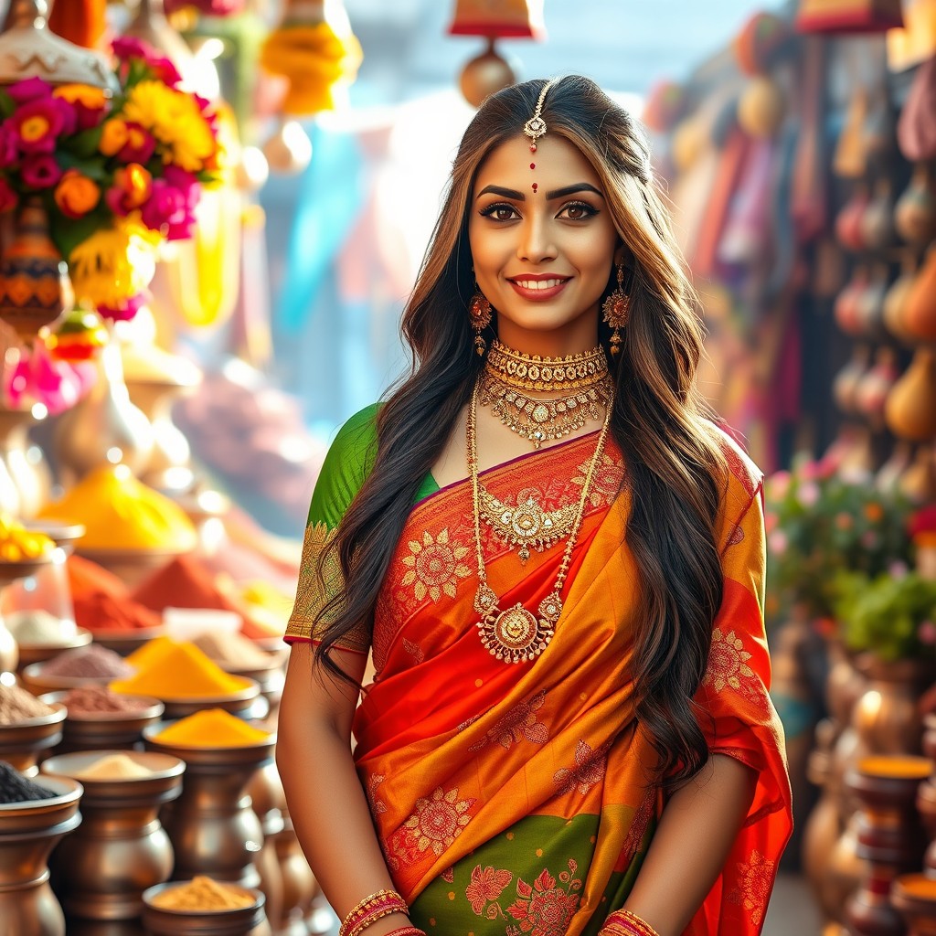 A beautiful traditional Hindu woman dressed in vibrant, elegant saree adorned with intricate embroidery and jewelry
