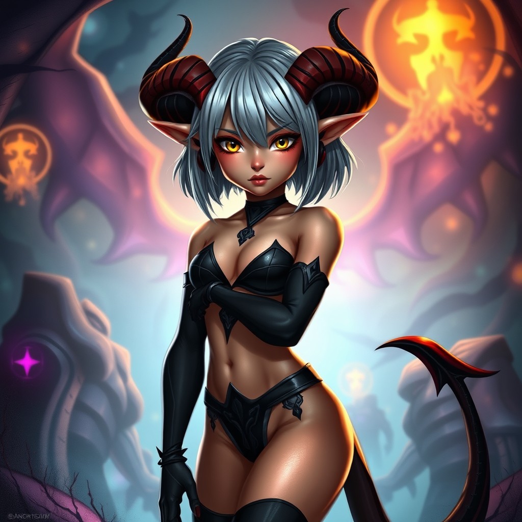 A young female tiefling with striking yellow eyes and shoulder-length ash-colored hair