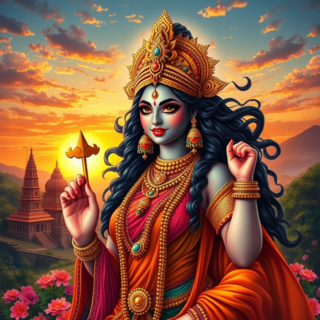 A powerful and alluring Hindu goddess depicted in vibrant colors, adorned with traditional clothing and intricate jewelry, showcasing a fierce yet graceful expression