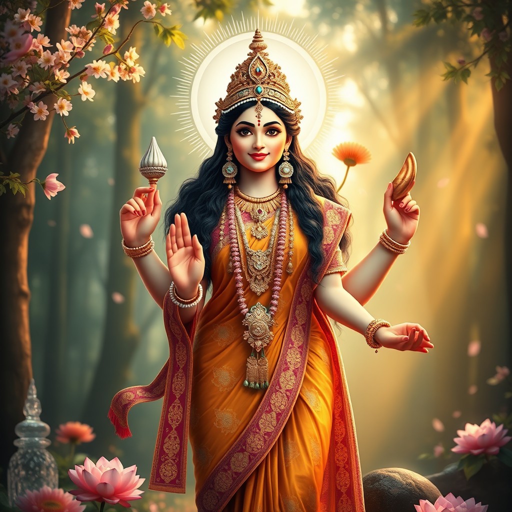 A stunning portrayal of a Hindu goddess, adorned in a vibrant traditional sari with intricate patterns and jewelry