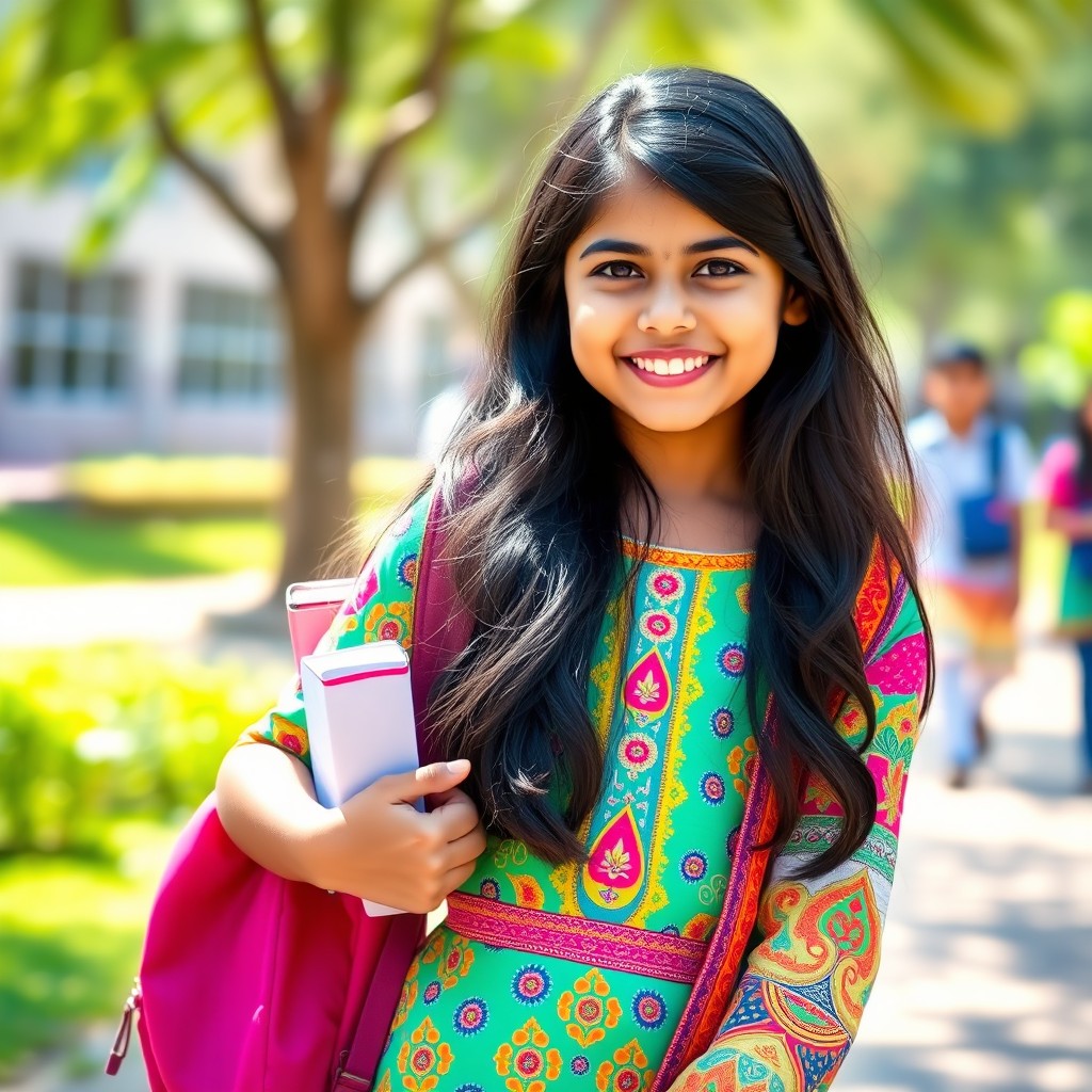 A stylish Indian school girl wearing a colorful salwar suit, exuding youthful charm and confidence
