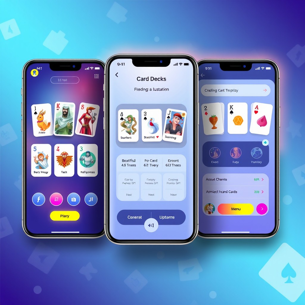 A visually striking user interface design for a card deck application featuring sleek, modern aesthetics with vibrant colors and intuitive navigation