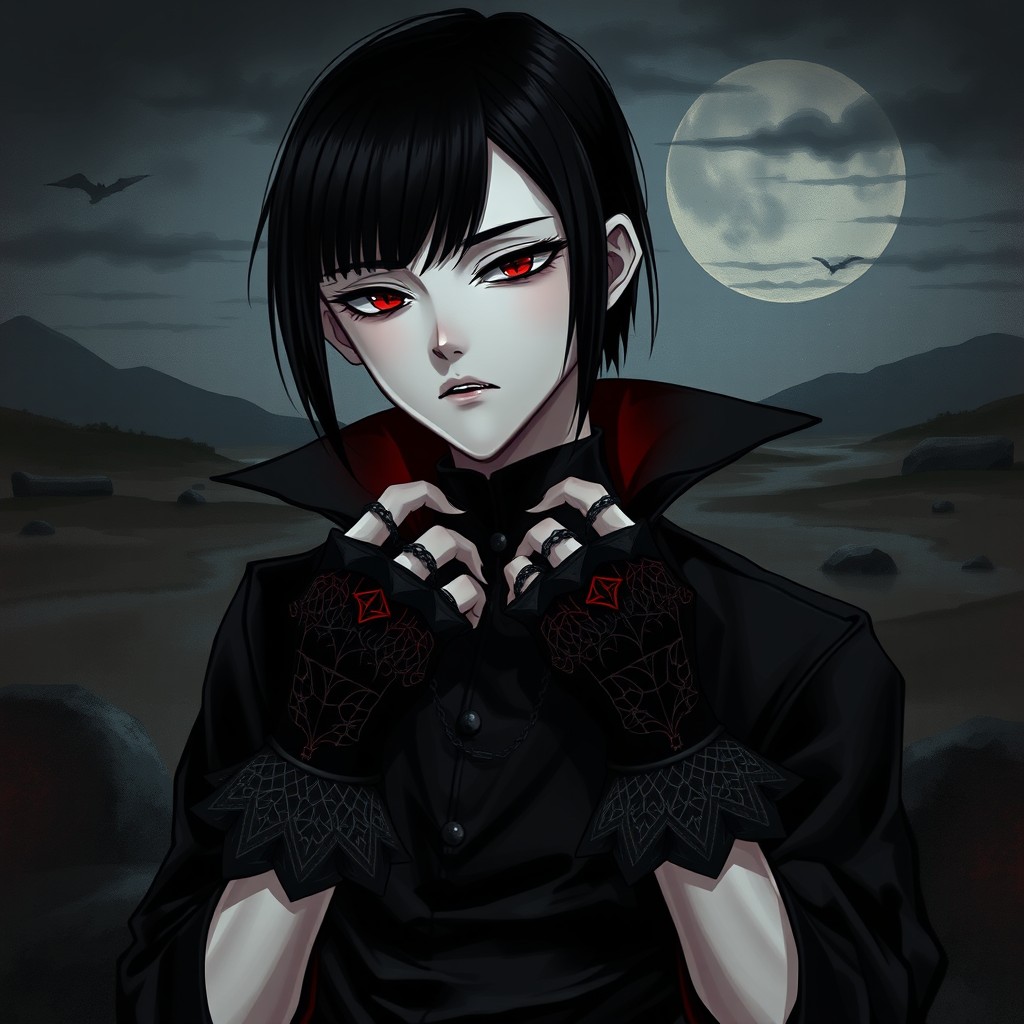 A striking depiction of a vampire with sleek black hair, piercing red eyes, and pallid skin that contrasts sharply with the total black of their attire