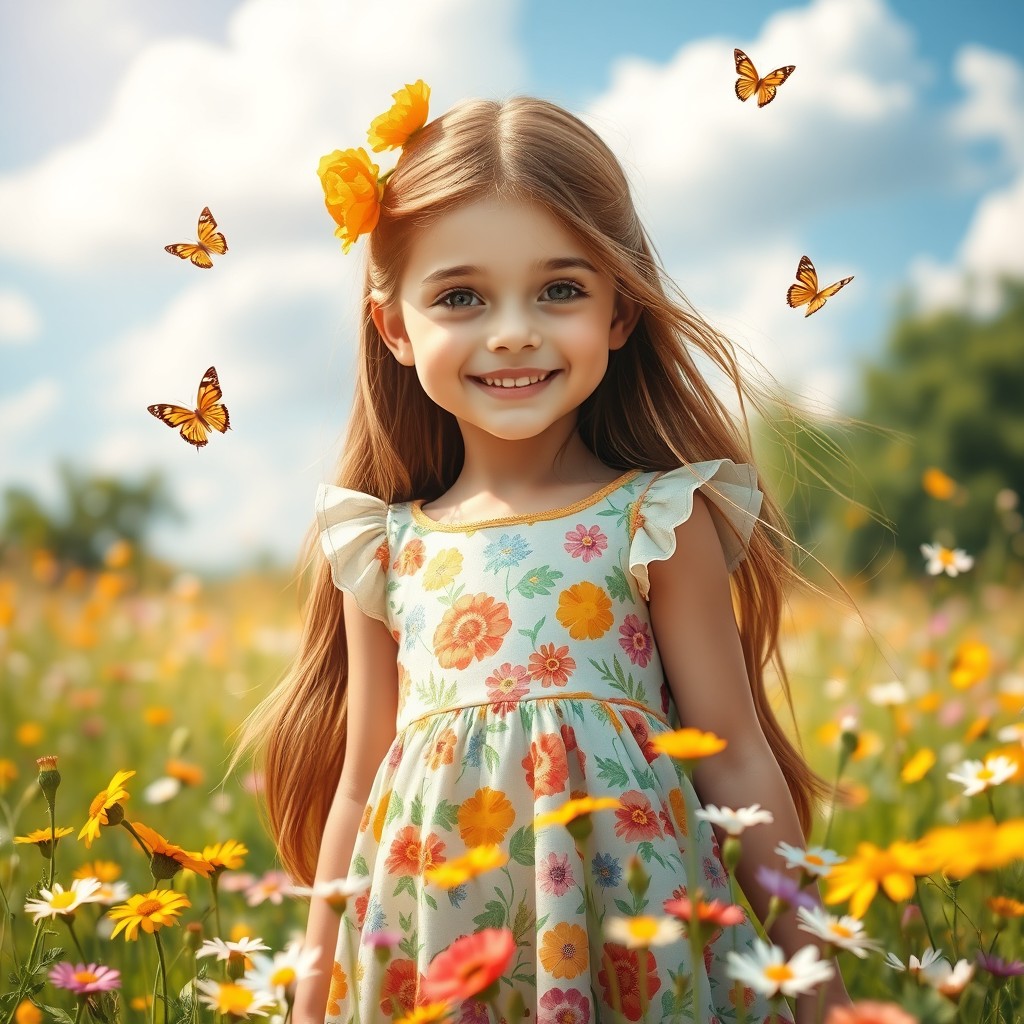 A vibrant and lively portrait of a girl with long flowing brown hair, wearing a colorful summer dress adorned with floral patterns, standing in a sunlit meadow filled with wildflowers