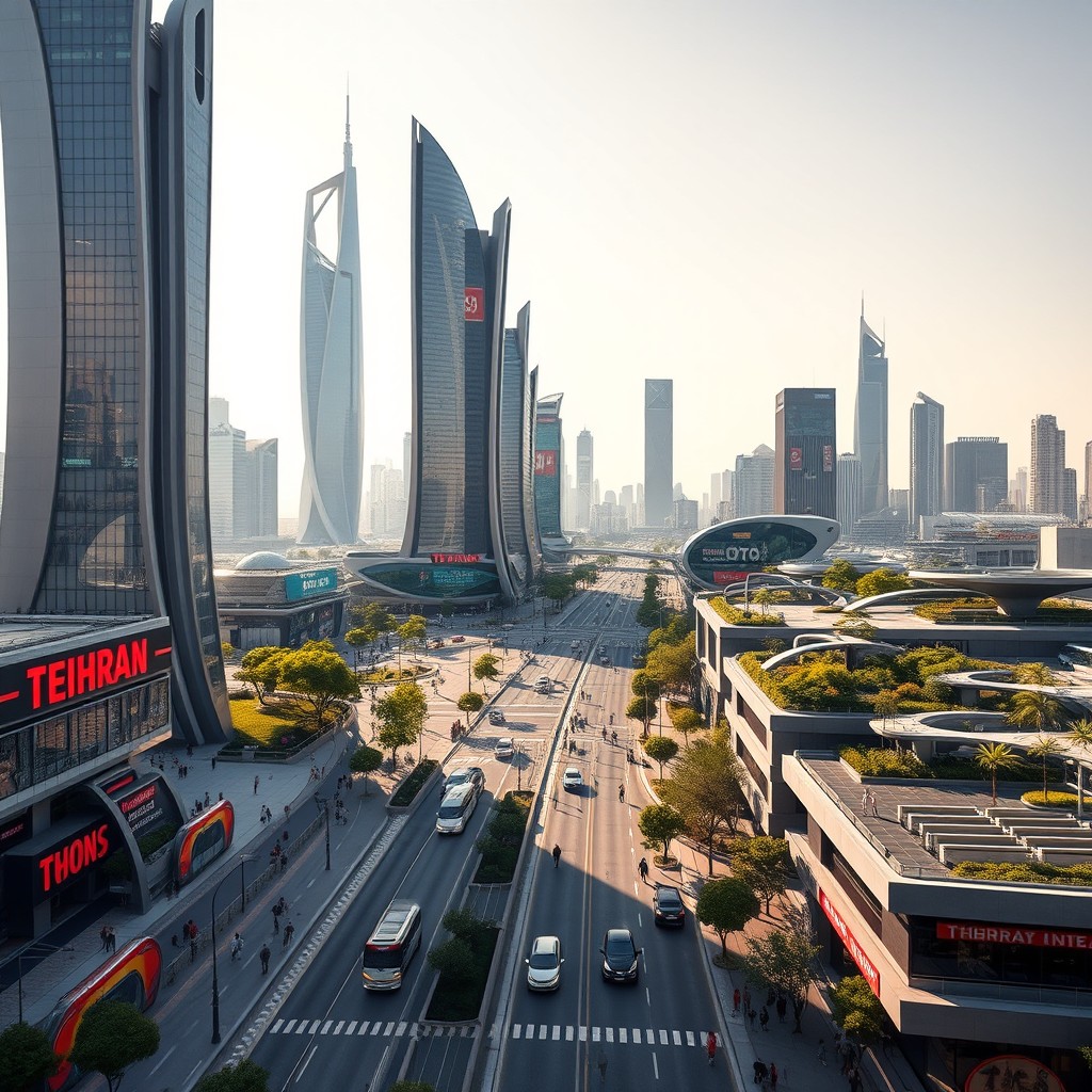 A futuristic cityscape of Tehran 50 years from now, showcasing a blend of ultra-modern skyscrapers, advanced transportation systems, and lush green spaces