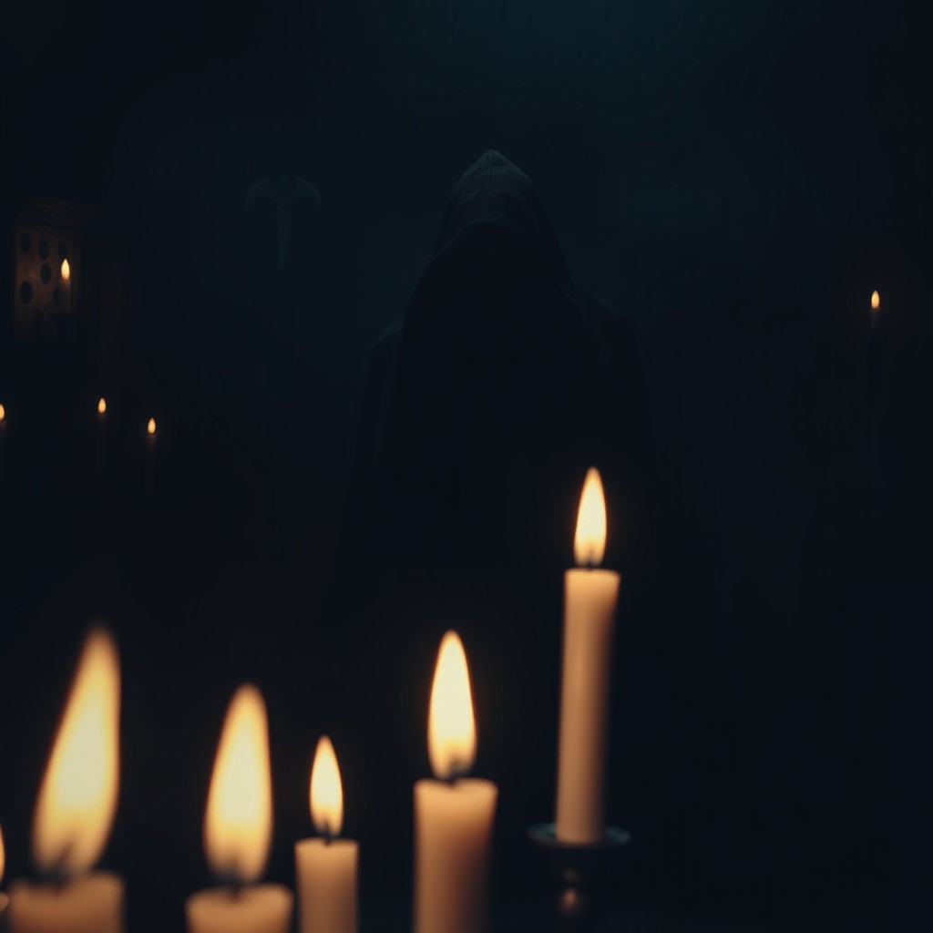 A dark, mystical atmosphere with flickering candles glowing dimly in the foreground