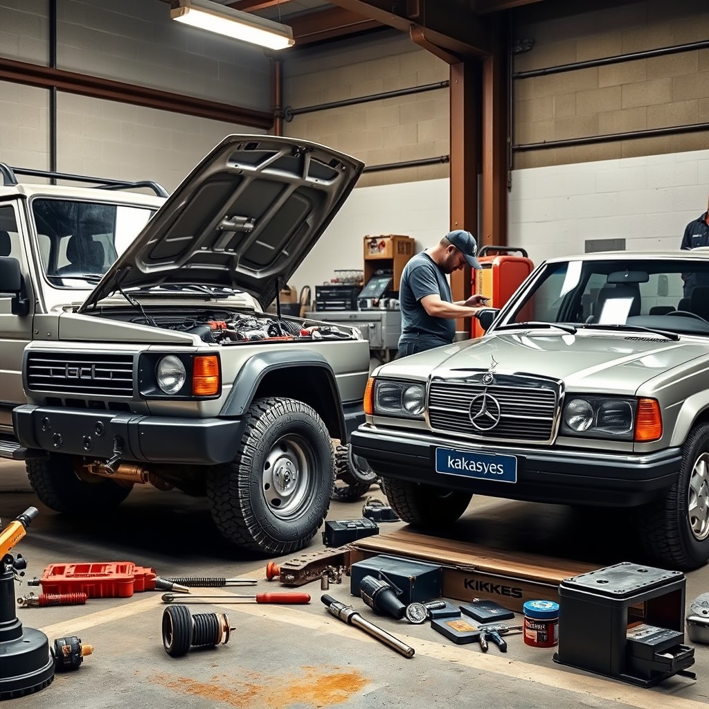 A detailed scene illustrating a 'kakas system's' diesel car engine tuning rebuild