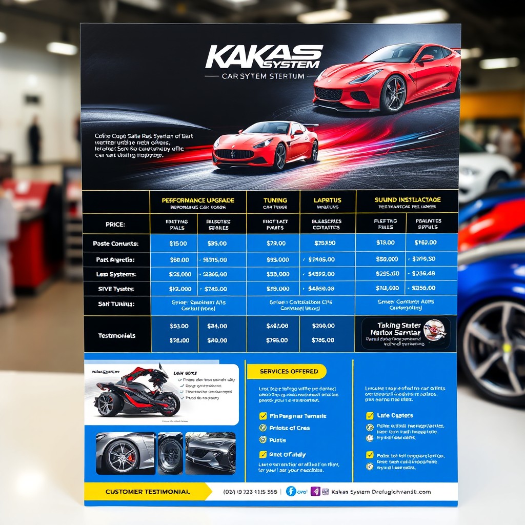 An eye-catching advertisement table for Kakas System's car tuning services, showcasing various tuning options like performance upgrades, aesthetic enhancements, and sound system installations