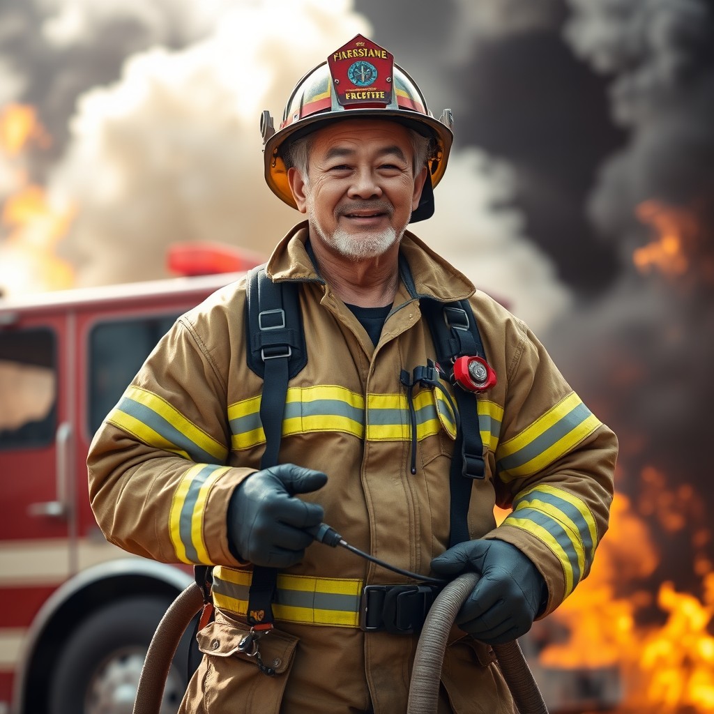A strong and heroic older Asian firefighter standing proudly in full firefighting gear, showcasing a well-built physique attributed to a healthy lifestyle on testosterone replacement therapy (TRT)