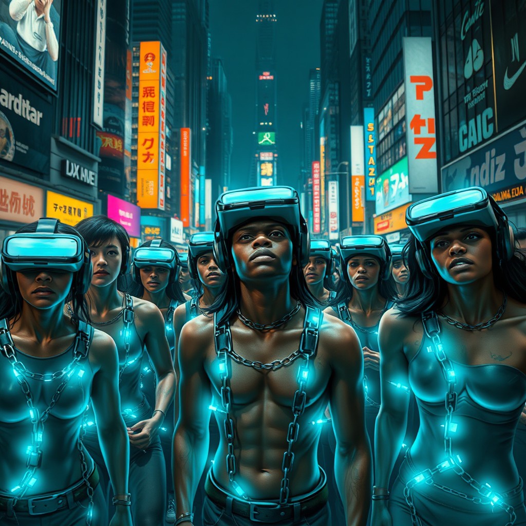 A dramatic scene depicting a diverse group of individuals in a bustling urban environment, all showing signs of digital slavery