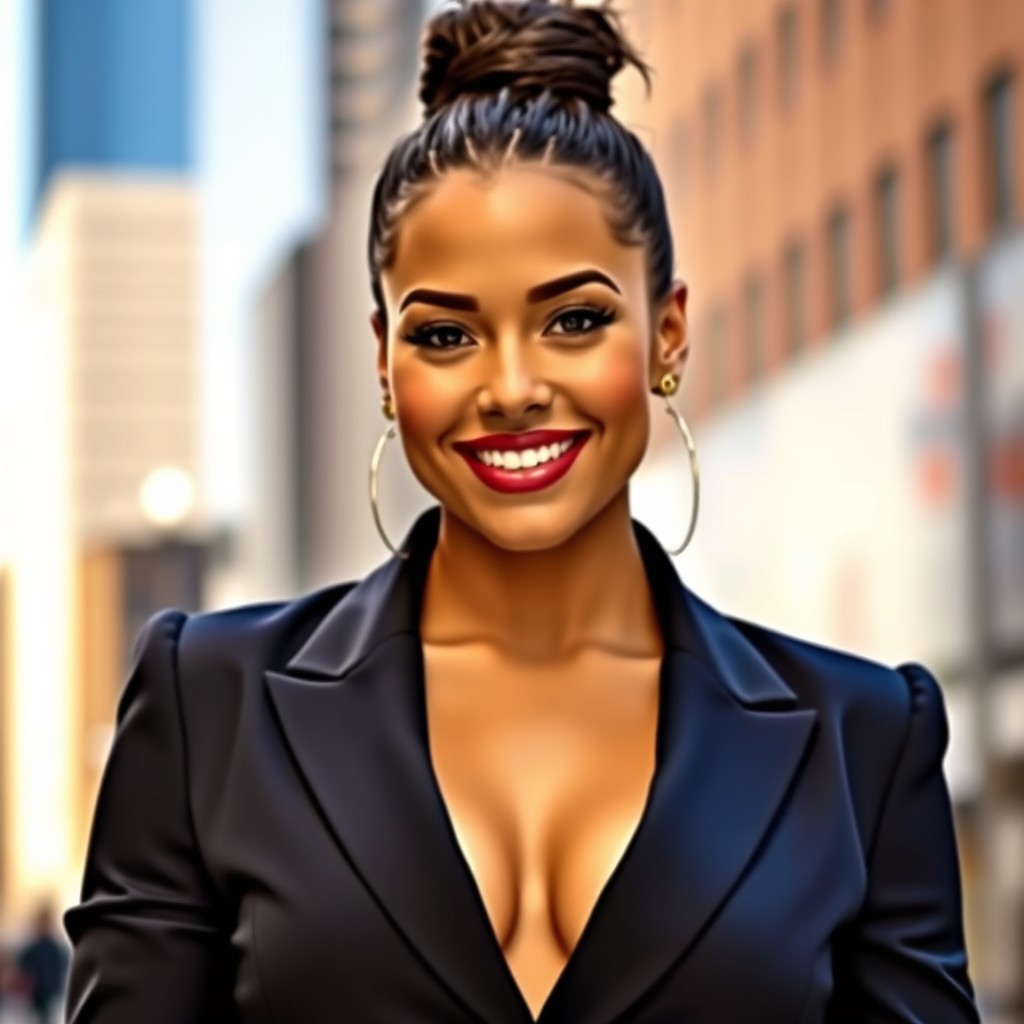 A beautiful and curvy woman dressed in a tight blazer, her hair tied up in a stylish bun