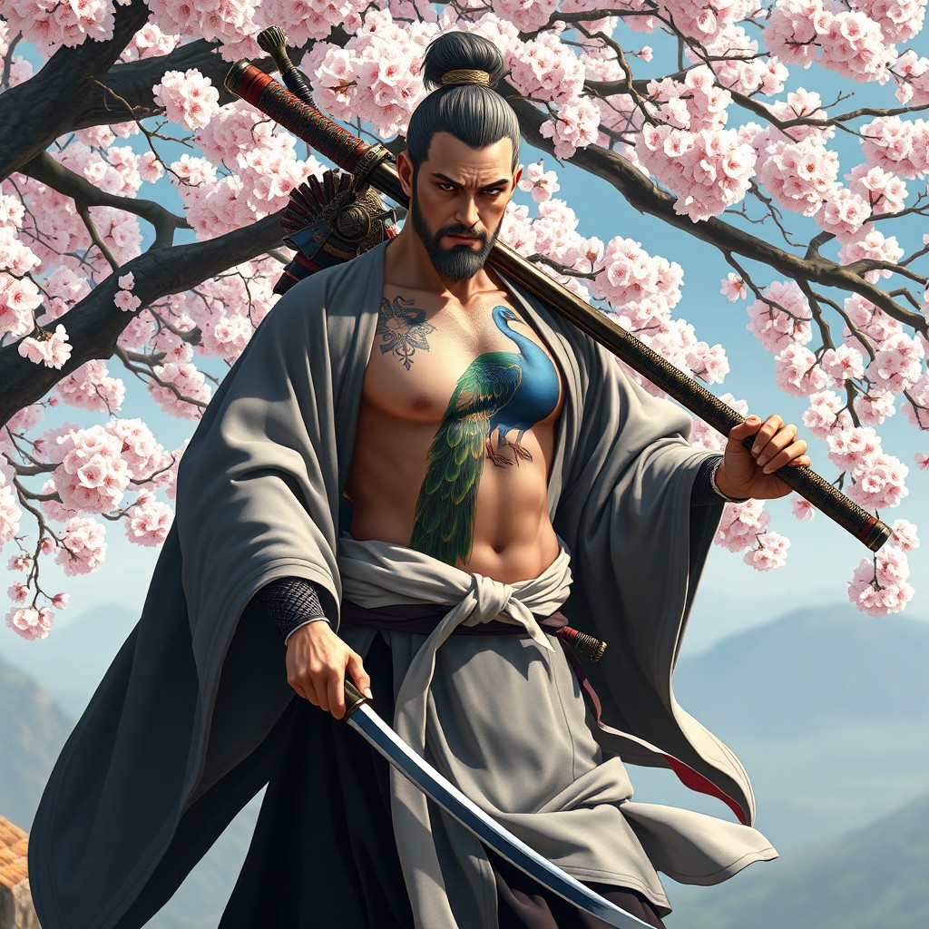 A Kensei monk standing in an elegant pose, wielding a katana and a tachi, with a long bow slung over his shoulder