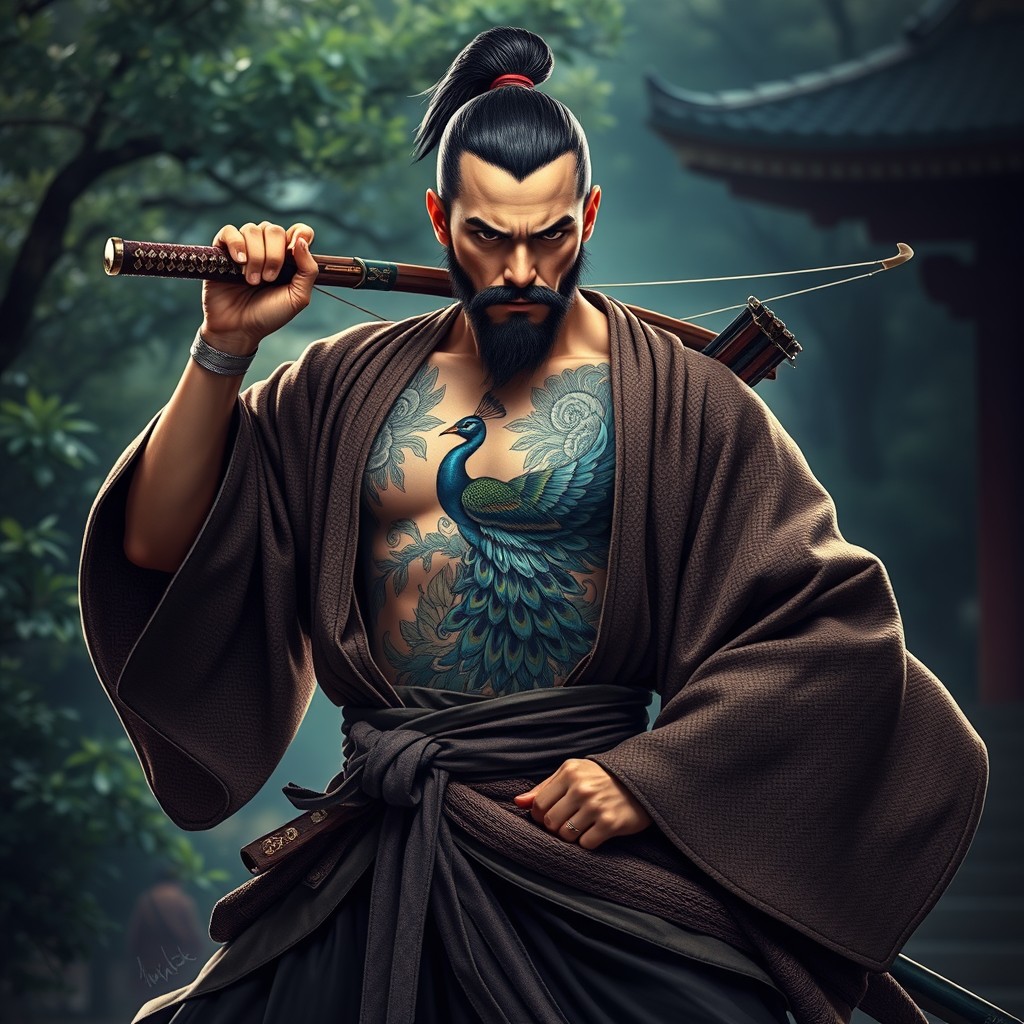 A Kensei monk depicted in a powerful stance, holding a katana in one hand and a tachi in the other, with a longbow resting against his shoulder