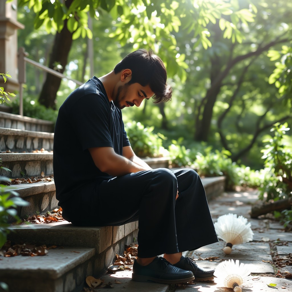 A contemplative man sitting on outdoor stairs, with his head bowed down