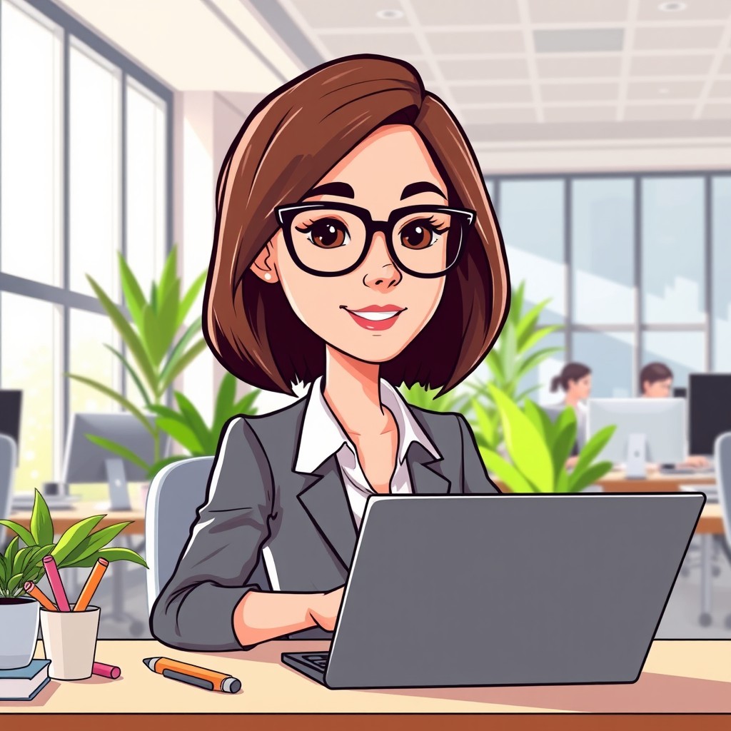 A cartoon woman working in a modern office environment, wearing stylish black frame glasses