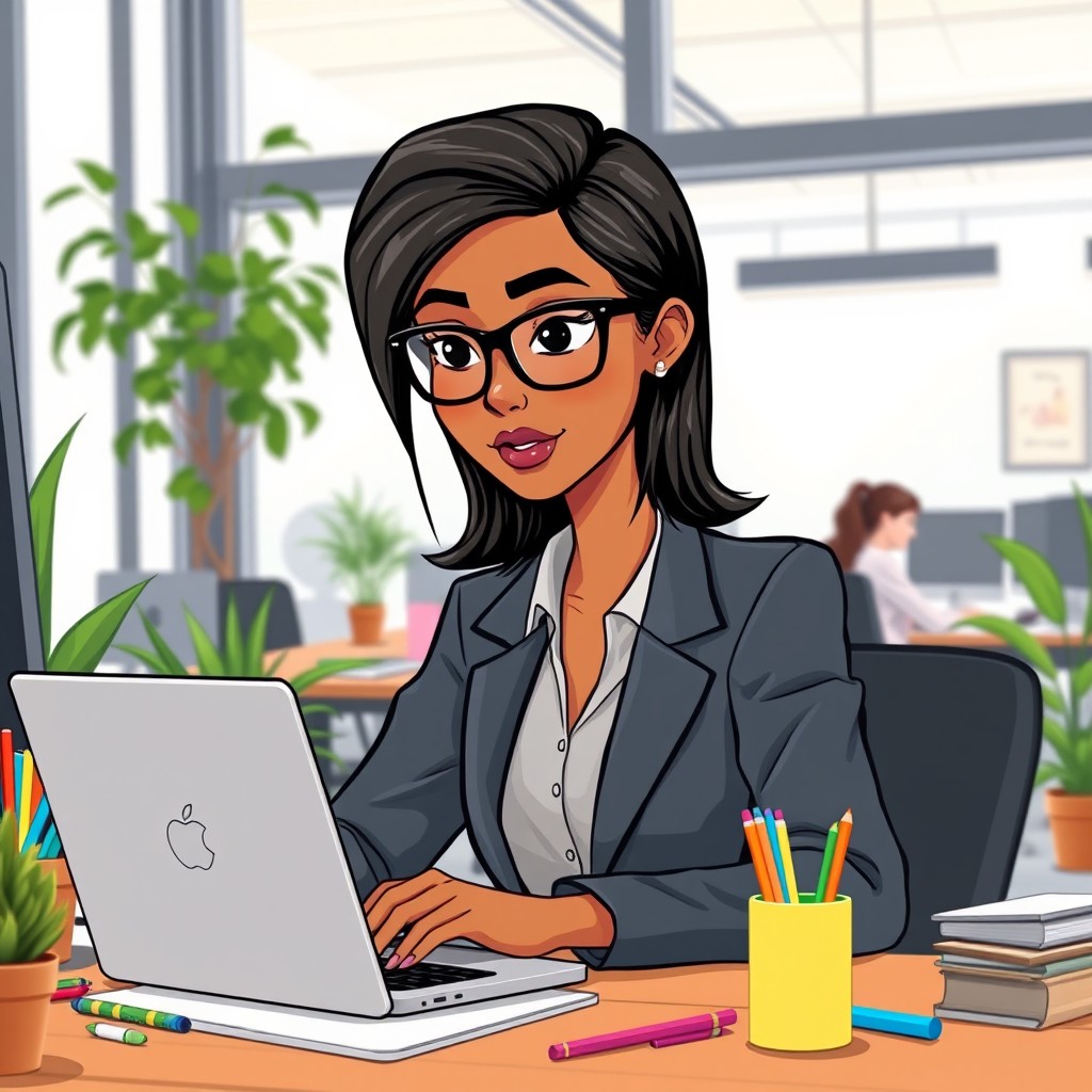 A cartoon Latina woman with medium olive skin working in a modern office, wearing stylish black frame glasses