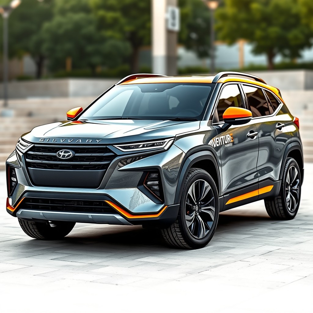 A stylish SUV design featuring a sleek exterior with a granite gray finish complemented by vibrant orange accents