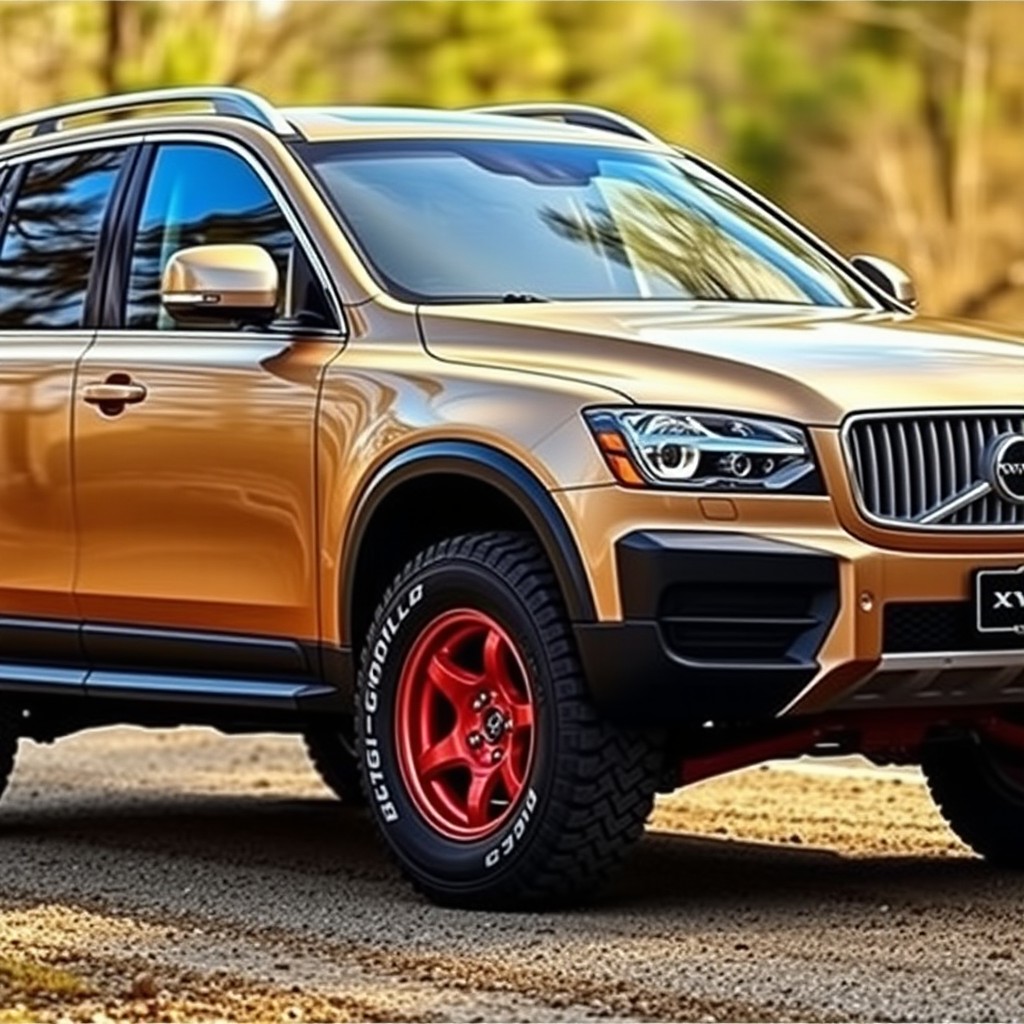 A Volvo XC90 first generation, showcasing its distinctive design, painted in a beautiful metallic sand color that shimmers in the light