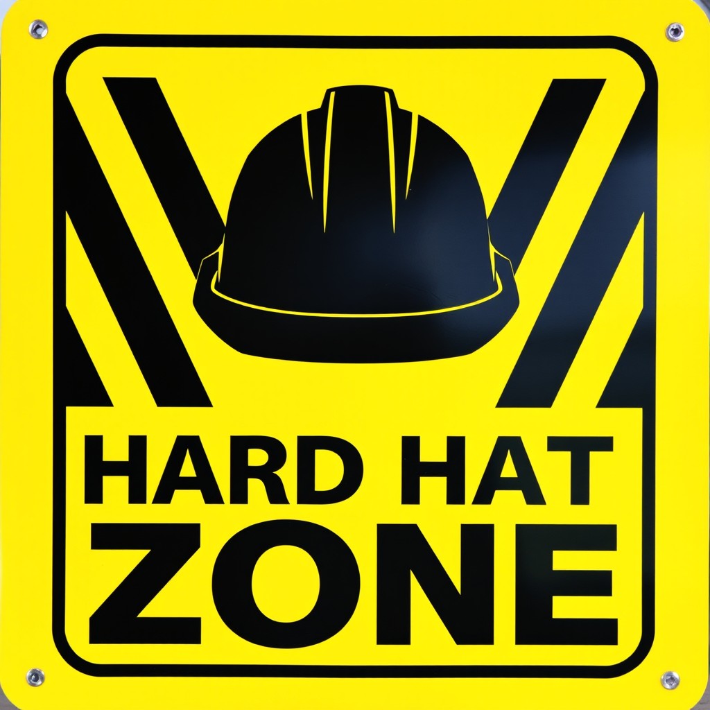A vibrant and eye-catching warning sign for a construction site, featuring a bright yellow background symbolizing safety