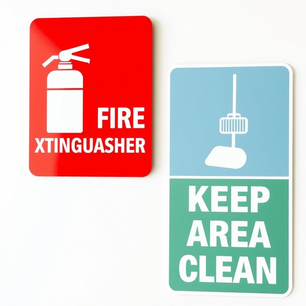 A set of two safety signs designed for an interior environment
