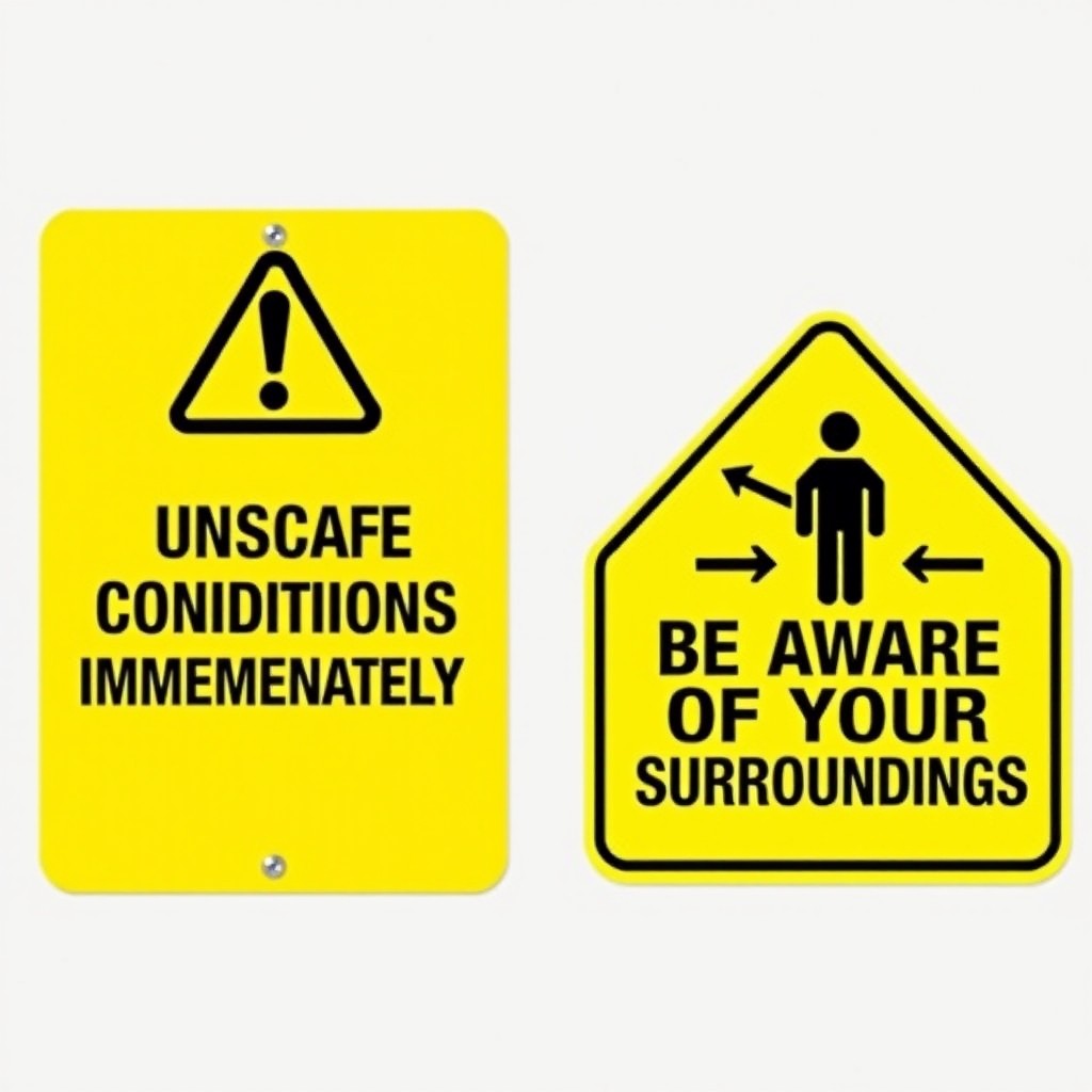A series of two safety warning signs designed for an industrial or construction site