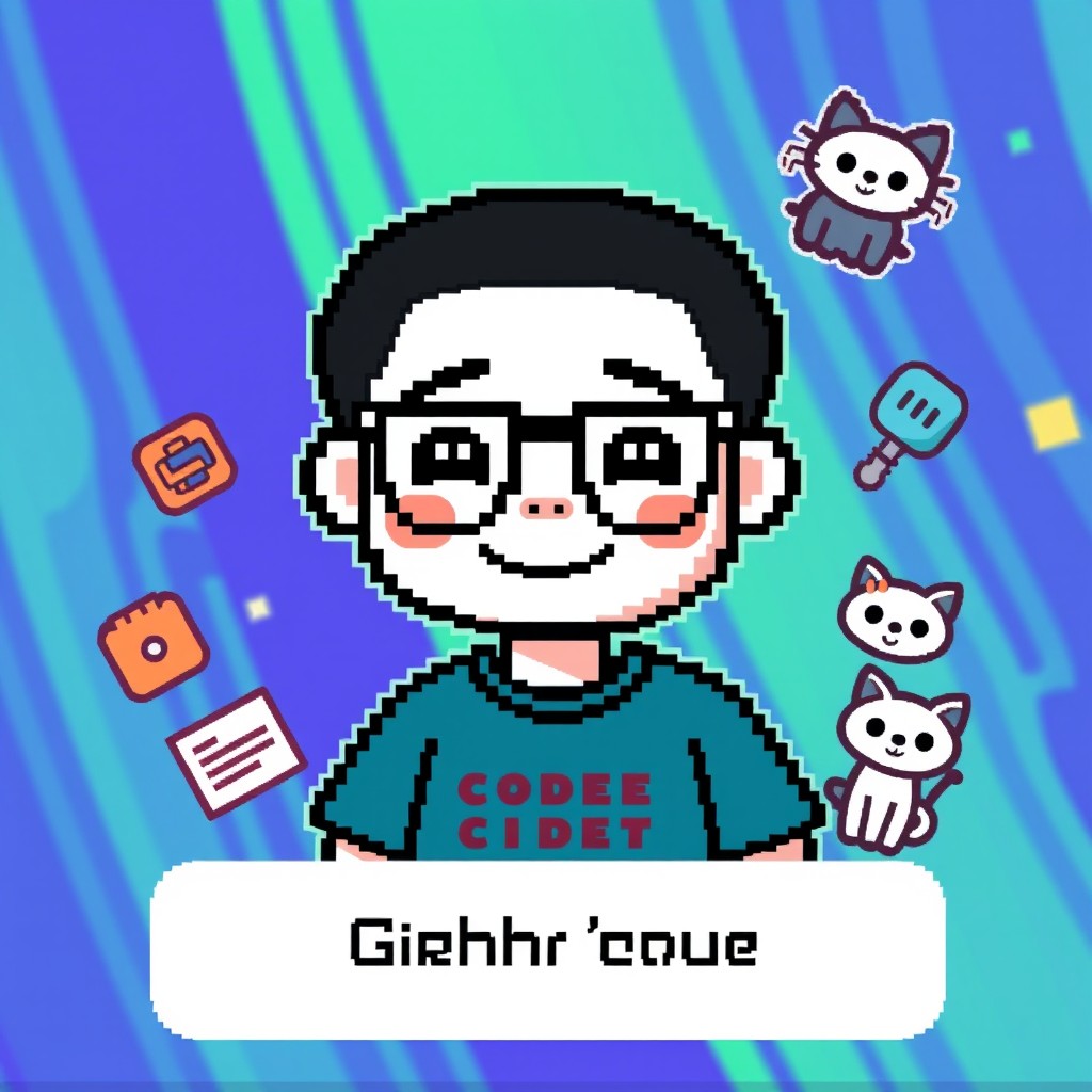 A fun pixel art avatar suitable for a GitHub profile, featuring a stylized, colorful character with a friendly smile