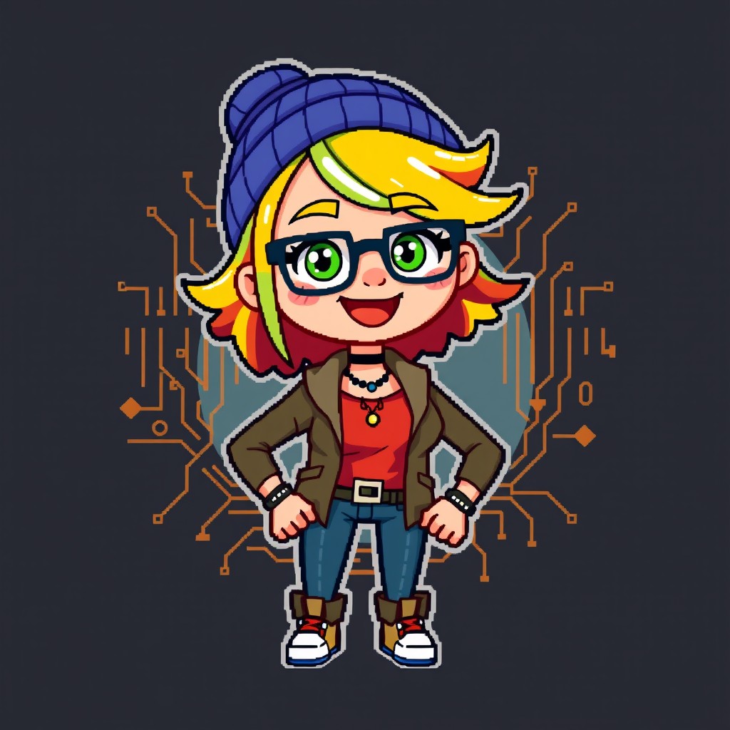 A playful pixel art avatar for GitHub featuring a female character named Fix85