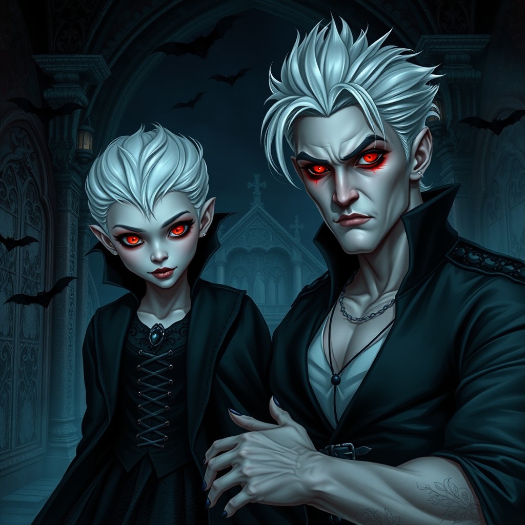 Two vampires with strikingly white hair and bright red eyes