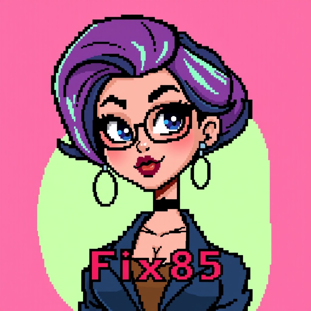 A fun pixel art avatar for GitHub featuring a stylish young woman with a large bust, subtly highlighted