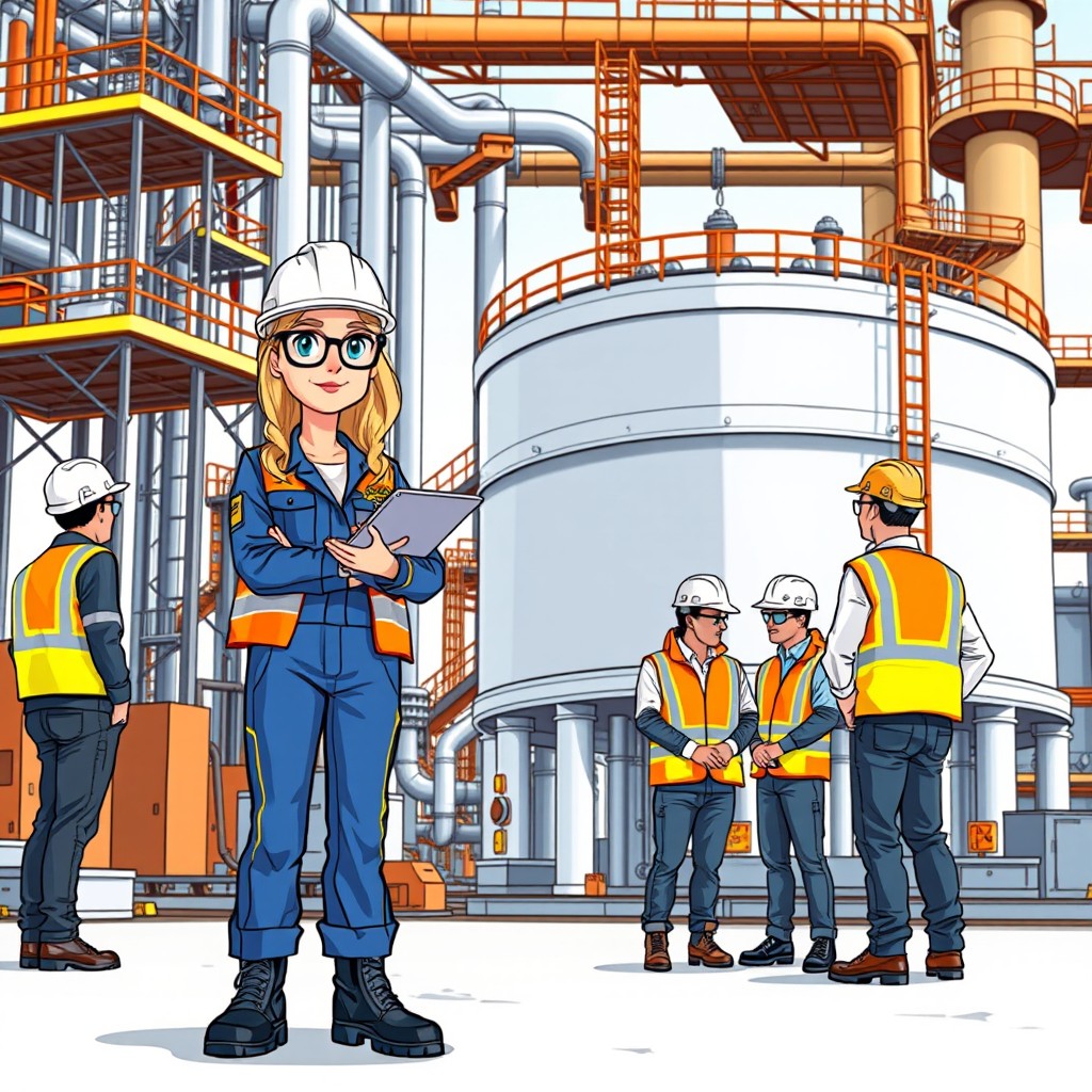 A serious cartoon-style female project manager in an oil refinery construction site, standing confidently with a digital tablet in hand