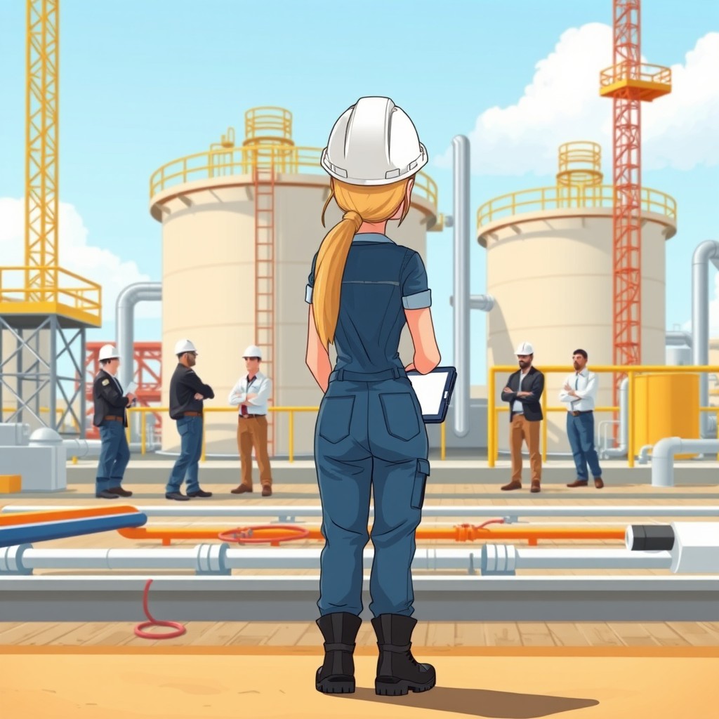 A semi-realistic cartoon-style oil refinery construction site with a female project manager in the foreground, standing with her back to the viewer, observing the site