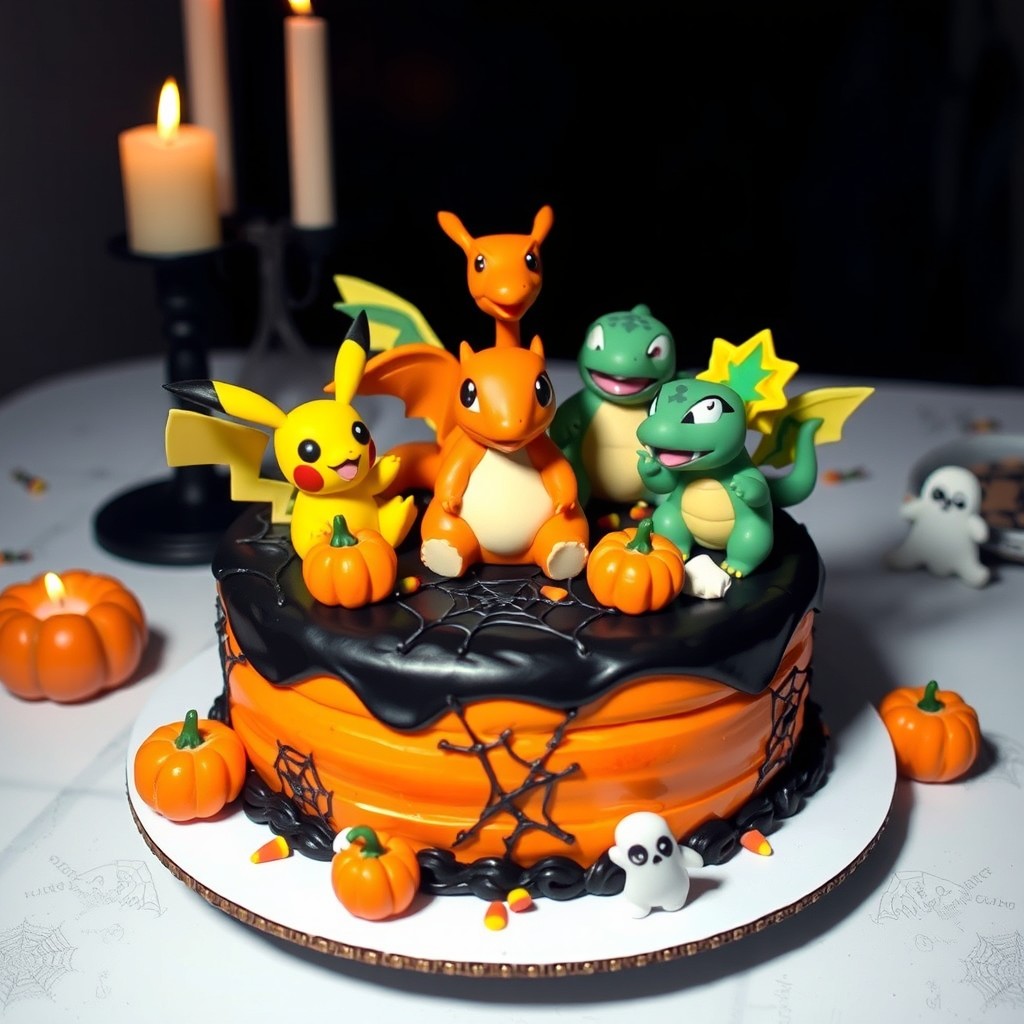 A Halloween-themed cake designed to resemble popular Pokémon characters, featuring Pikachu, Charizard, and Bulbasaur