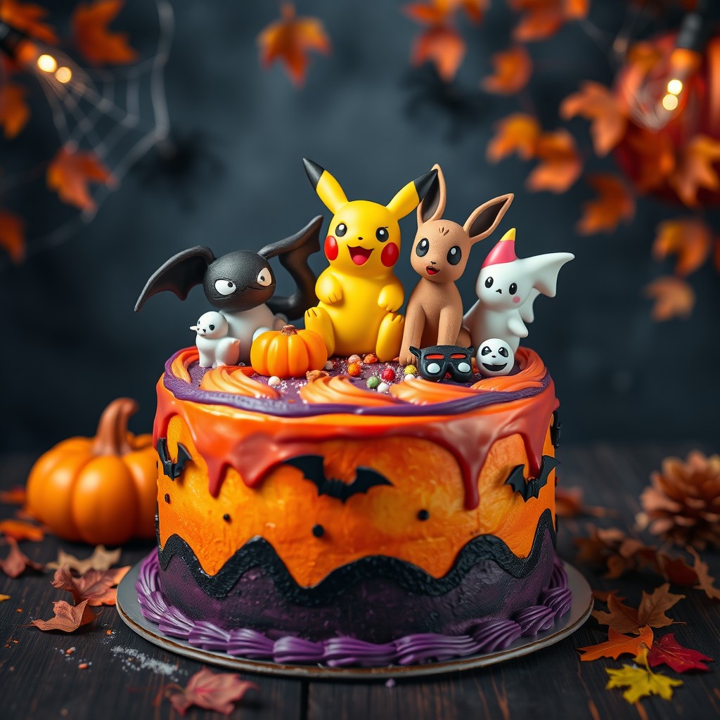 A delightful Halloween-themed cake inspired by Pokemon, featuring vibrant colors and playful designs