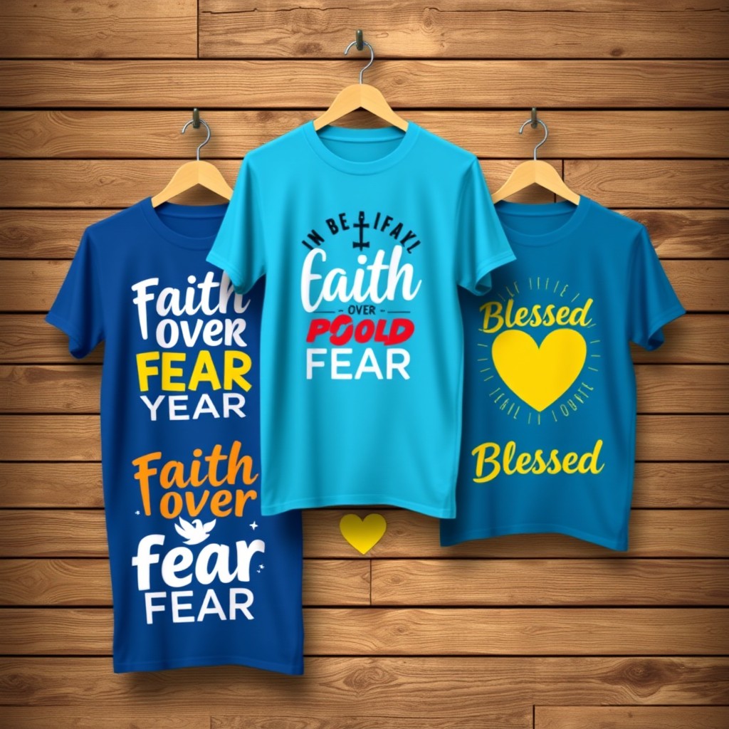 A stylish design concept for Christian-themed t-shirts, featuring uplifting messages and symbols such as a cross, a dove, and a heart