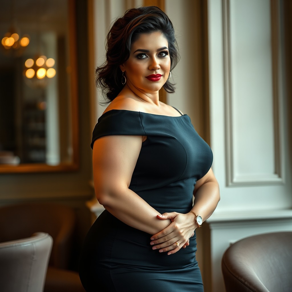 A stunning curvy woman in her 40s wearing an elegant black dress, showcasing her confident style