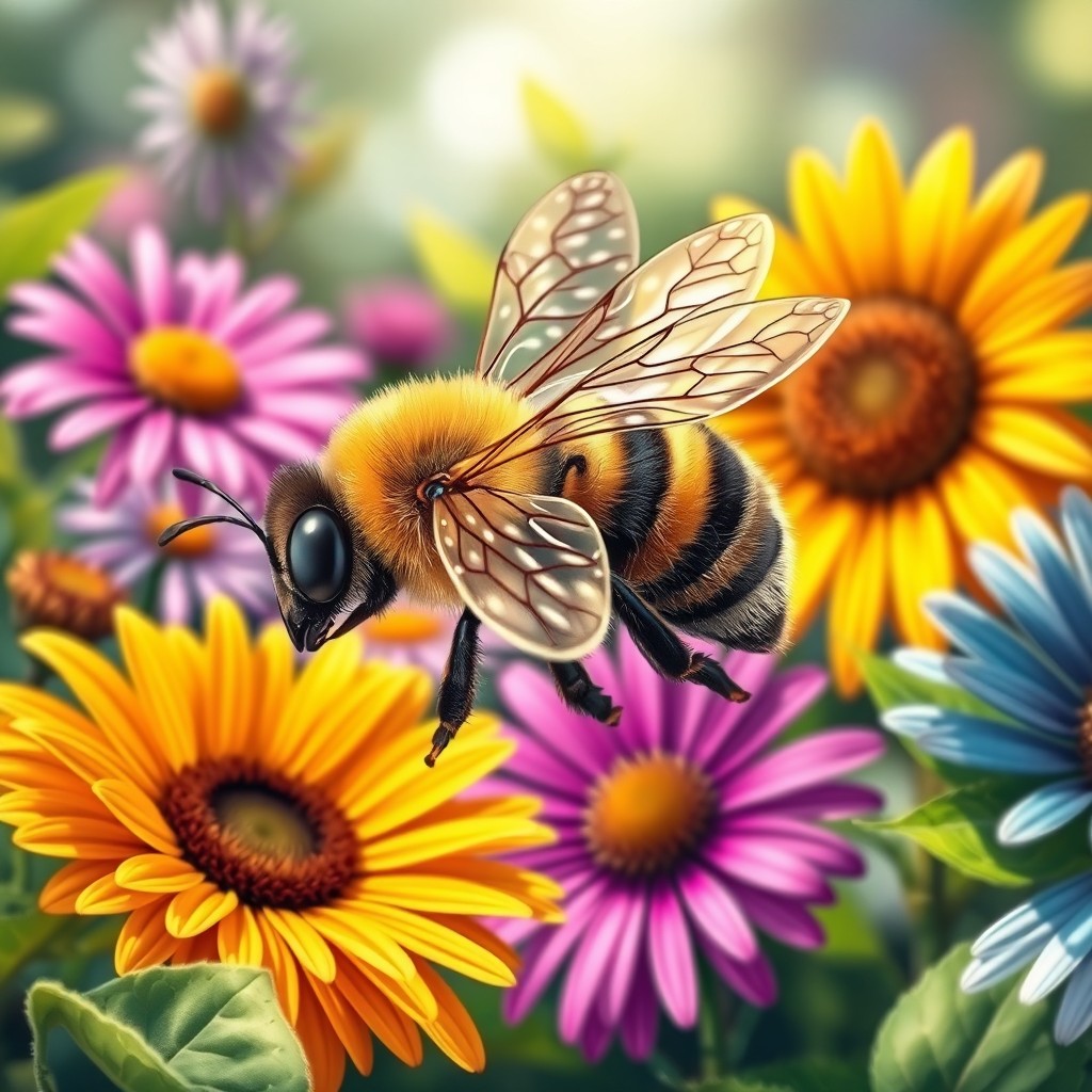 A detailed illustration of a bee in a vibrant natural setting