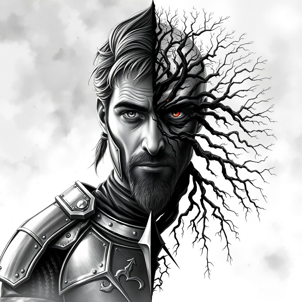 A fantasy book cover illustration featuring a split portrait of the main character, Tiron