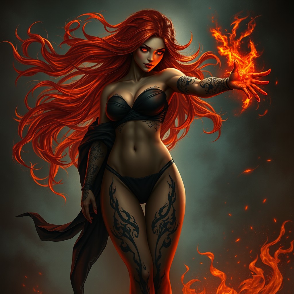 A fierce female Shadar-Kai sorcerer with ashtone skin, her flaming auburn red hair flowing dramatically