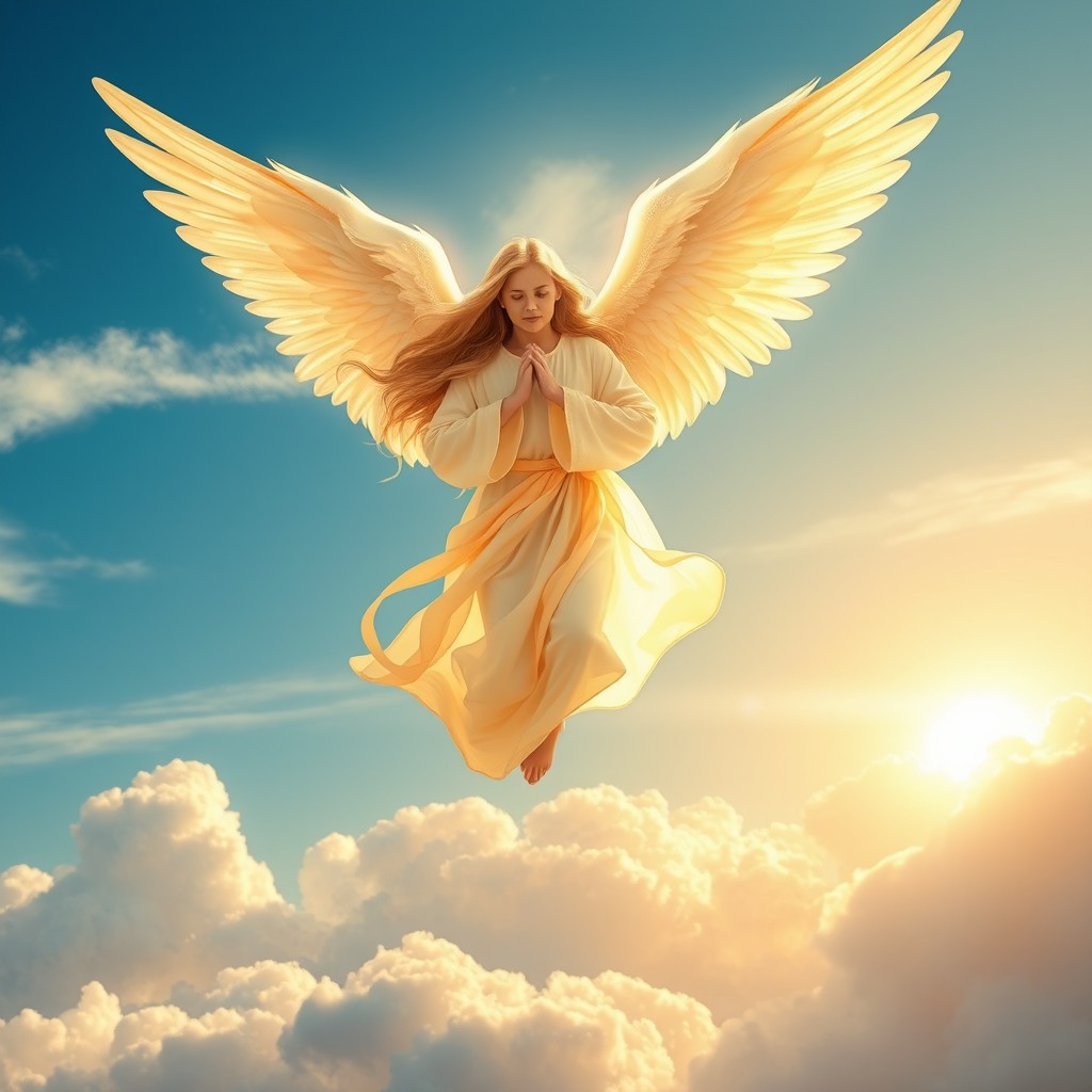 A majestic angel soaring through a vibrant blue sky, with large, shimmering white wings spread wide, radiating soft golden light