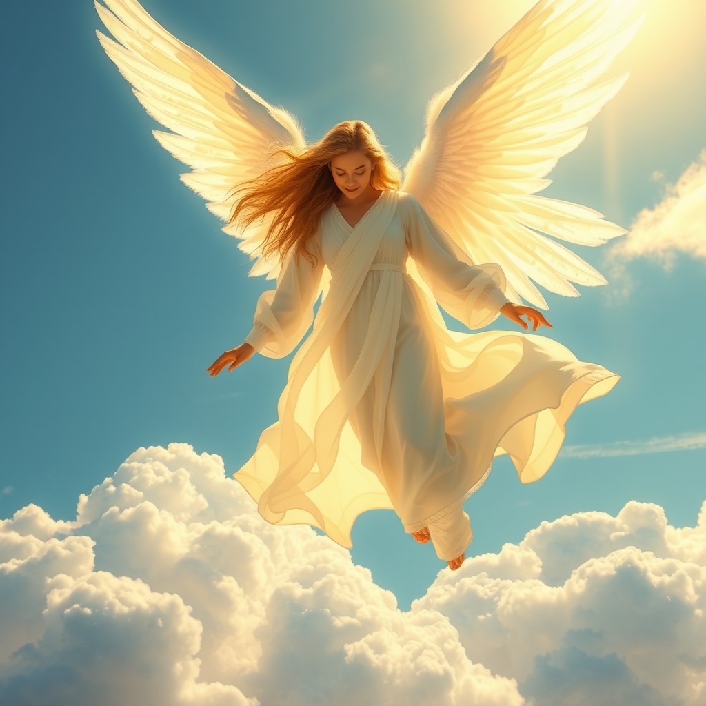 An enchanting scene of a majestic angel soaring through a vibrant blue sky, adorned with large, shimmering white wings that reflect golden light