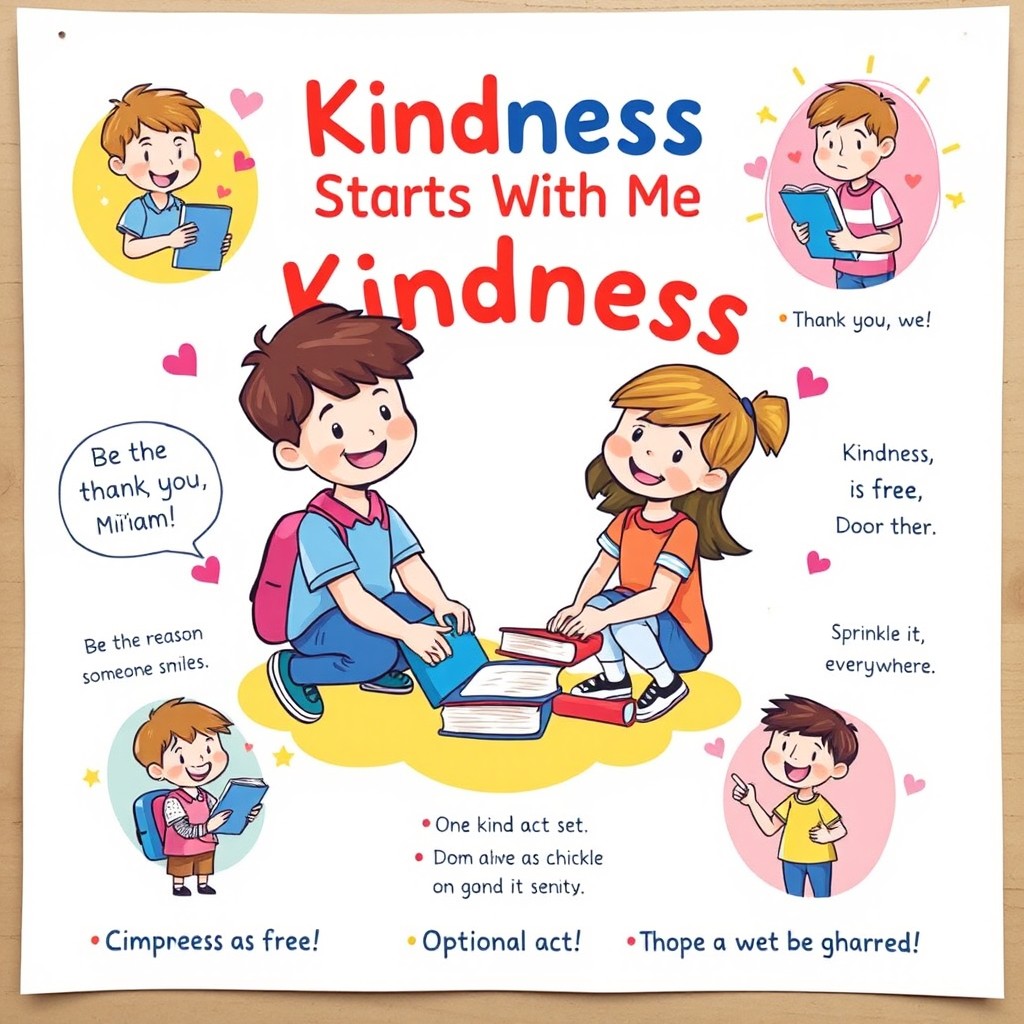 A vibrant and colorful poster design titled “Kindness Starts With Me”, featuring a central piece with two smiling students, one kneeling down to help the other pick up fallen books