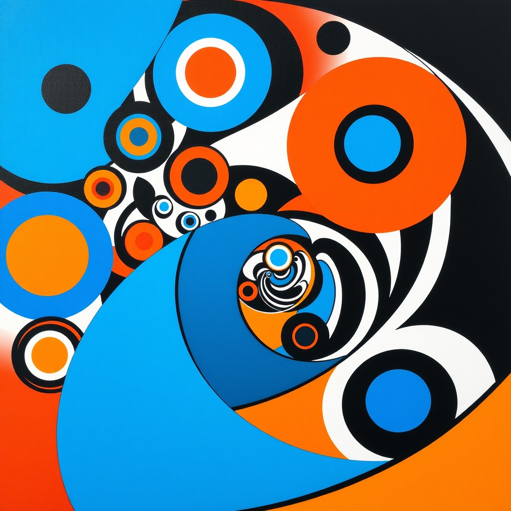 A mesmerizing op art painting inspired by Victor Vasarely, featuring bold geometric patterns that create an optical illusion of movement and depth