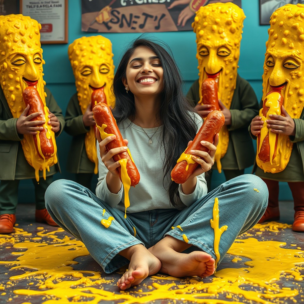 A captivating scene featuring a young Pakistani woman, 18 years old, sitting criss-cross on the ground with a joyful smile and her eyes closed, surrounded by whimsical characters