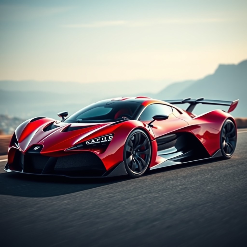 An artistic hypercar inspired by Lamborghini, Bugatti, and Pagani featuring a low-slung body design, sleek aerodynamic lines, and a futuristic aesthetic